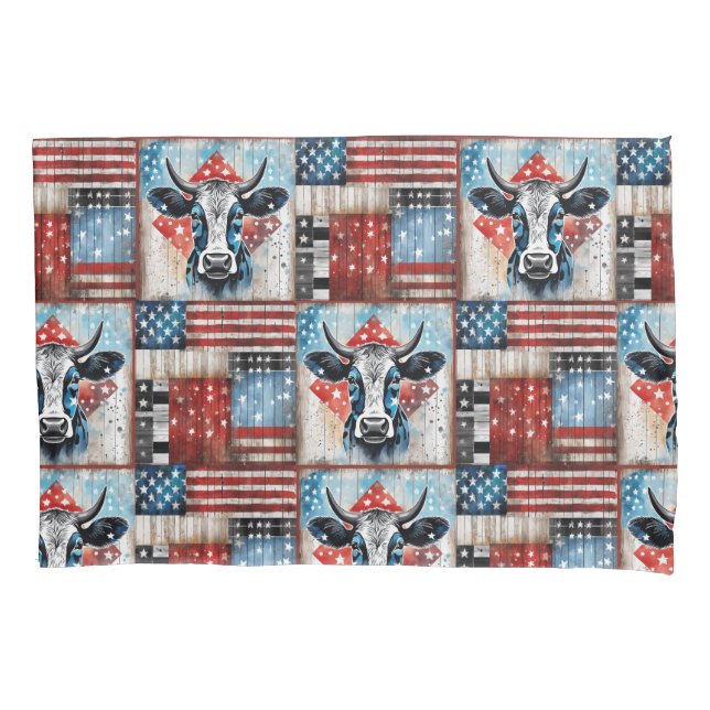 Housse D'oreillers Cow American Flag Folk Art (devant)