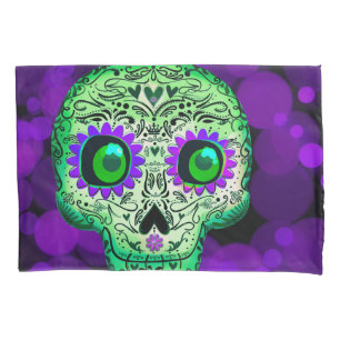 Housse D'oreillers Crâne de sucre lumineux vert et violet Halloween