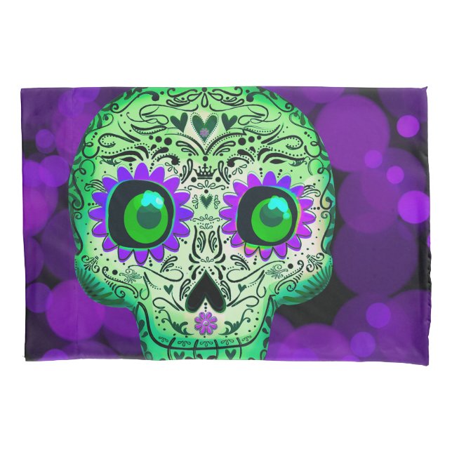 Housse D'oreillers Crâne de sucre vert et violet brillant Halloween (devant)