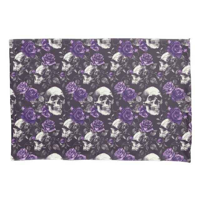 Housse D'oreillers Crâne gothique noir et violet et lit Rose (devant)