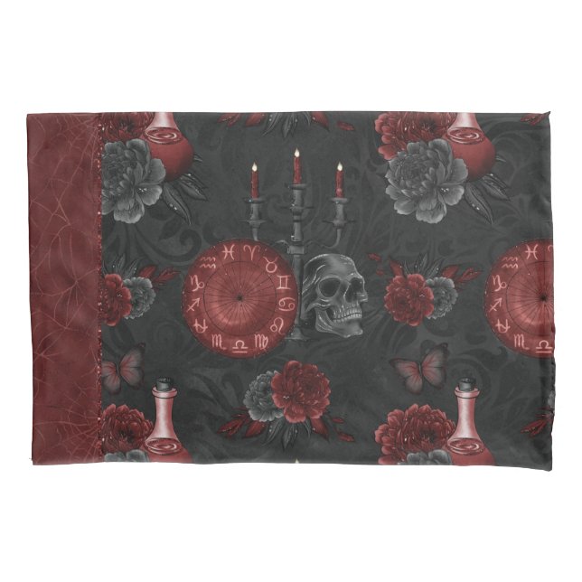 Housse D'oreillers Crimson magique Zodiac | Rose de crâne gothique ro (devant)