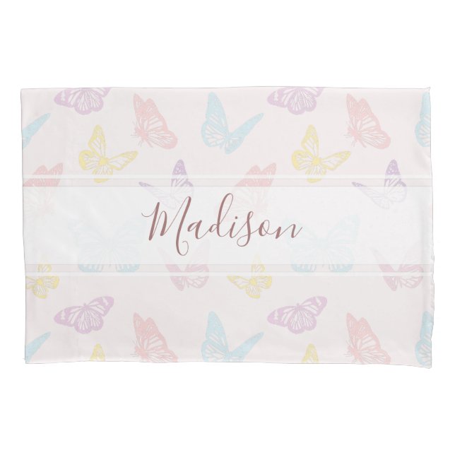 Housse D'oreillers Cute Pastel Motif papillon rose avec nom de fille (devant)