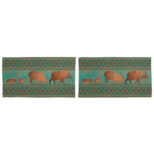 Housse D'oreillers Cute sud-ouest Javelina Famille Cuivre Roi Turquoi (devant-Set)