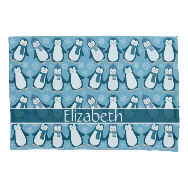 Housse D'oreillers Cute Winter Penguins Design Ajouter un nom (devant)
