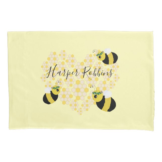 Housse D'oreillers Cute Yellow Honey Bees Honeycomb Coeur Enfants Sal (devant)
