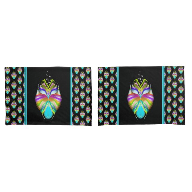 Housse D'oreillers Cyan coloré et hibou Oracle noir (devant-Set)
