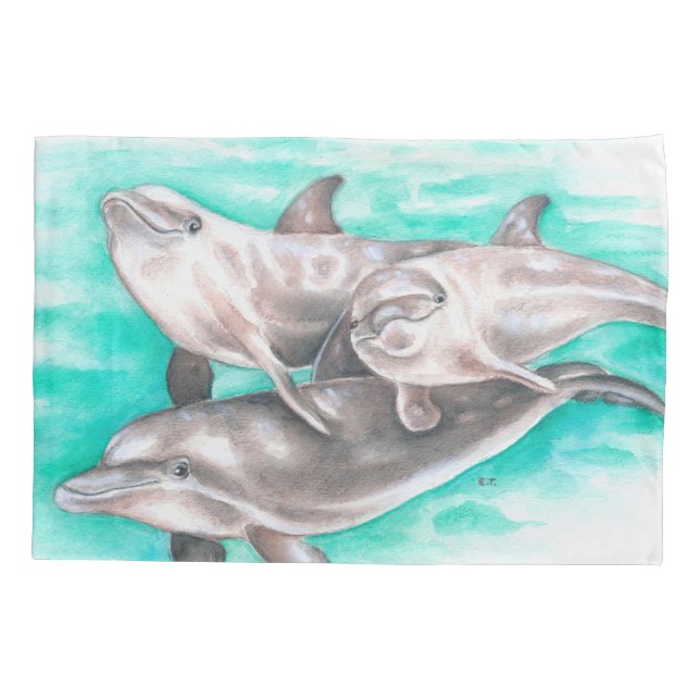 Housse D'oreillers Dauphins heureux turquoises (Dos)