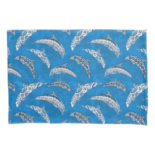 Housse D'oreillers Dauphins Tribaux Hawaïens Bleu Océan