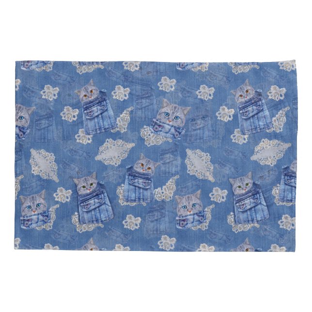 Housse D'oreillers Denim Jean poches, chatons et dentelle Motif de ré (Dos)