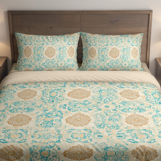Housse D'oreillers Desert Dream Sable Vintage & Floroms Turquoise (Desert Dream Vintage Sand & Turquoise Blooms Pillow Case in a brown boho double bed.)