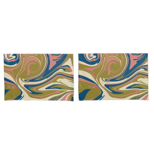 Housse D'oreillers Déversement - Bleu, Vert olive, Rose et Crème (devant-Set)