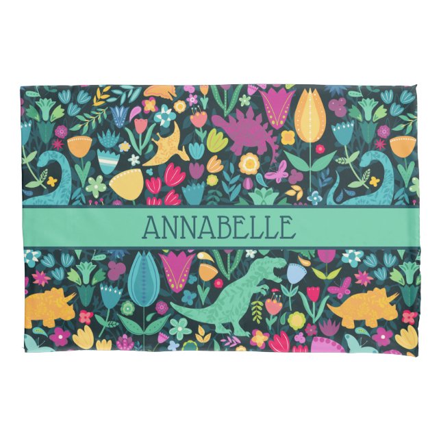 Housse D'oreillers Dinosaure Floral Folk Silhouettes Belles Filles (devant)