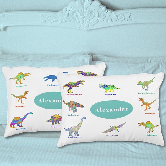 Housse D'oreillers Dinosaures colorés Nom personnalisé et photo (Dinosaurs with names personalized pillow case colorful dino pattern educational fun spelling )