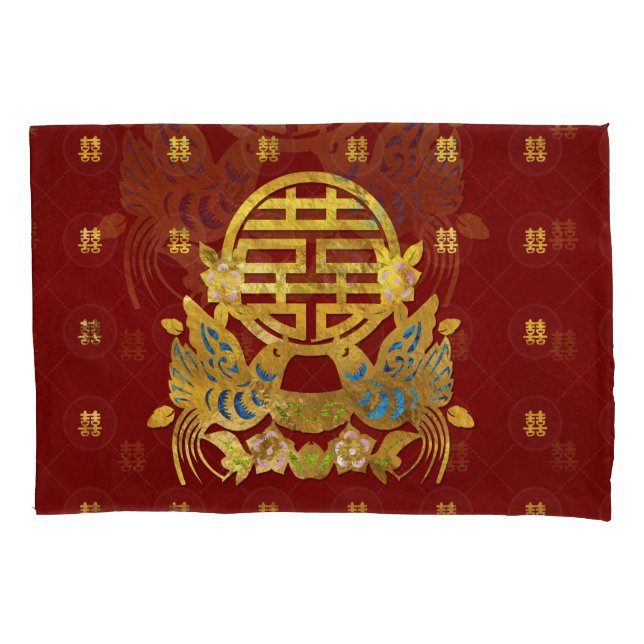 Housse D'oreillers Double symbole de bonheur d'or avec des oiseaux (devant)