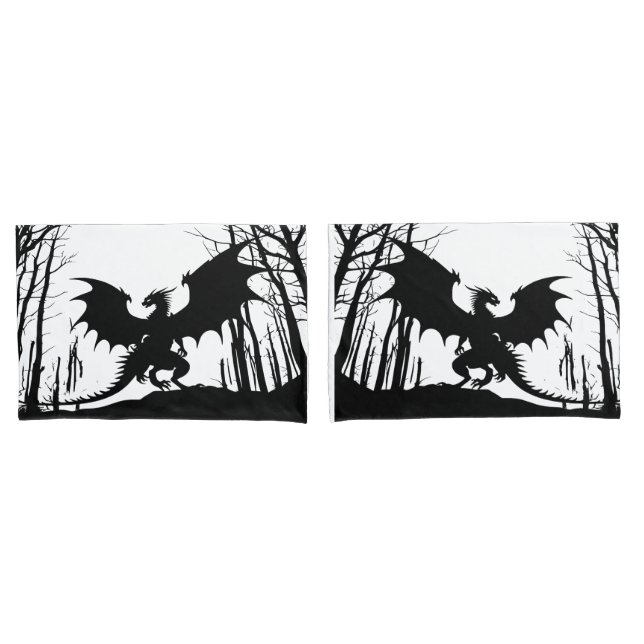 Housse D'oreillers Dragon noir en silhouette sur blanc - Imaginaire | (devant-Set)