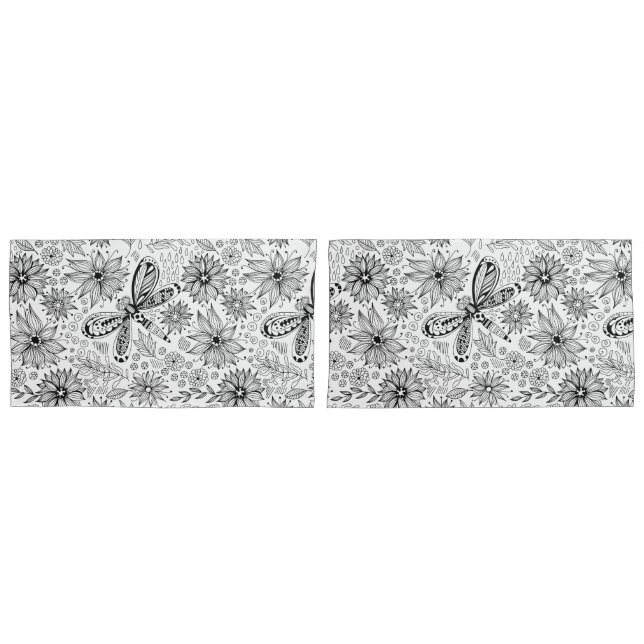 Housse D'oreillers Dragonfly et doodle de fleurs (devant-Set)