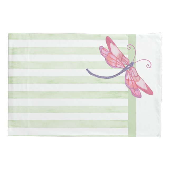 Housse D'oreillers Dragonfly rose et Sage rayures Pillowcase (Dos)