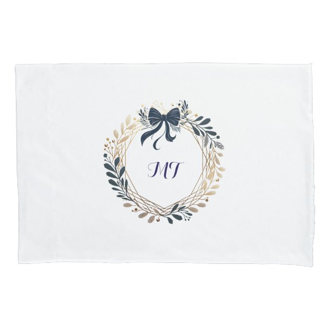 Housse D'oreillers Elégant Monogram Navy et Gold Wreath Bow (devant)