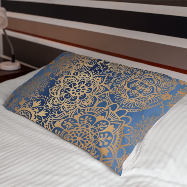 Housse D'oreillers Elégant Motif Mandala bleu et or (Créateur téléchargé)