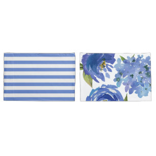 Housse D'oreillers Élégante pivoines et rayures florales bleues
