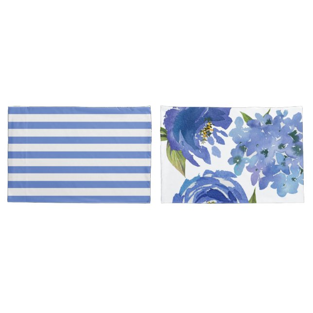 Housse D'oreillers Élégante pivoines et rayures florales bleues (Dos-Set)