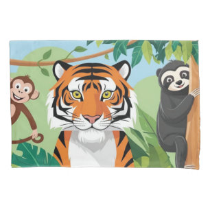 Housse D'oreillers Enfants Animaux Mignons Jungle Tigre Singe Oiseau