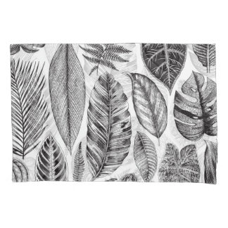 Housse D'oreillers Feuilles exotiques, vintage floral noir et blanc.