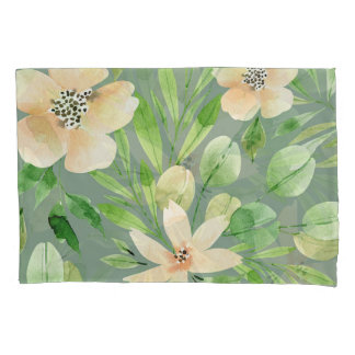 Housse D'oreillers Feuilles verts, Fleurs roses : Aquarelle.