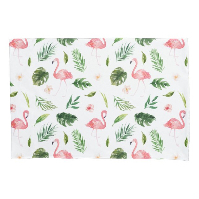 Housse D'oreillers Flamant rose aquarelle et Motif tropical vert (devant)
