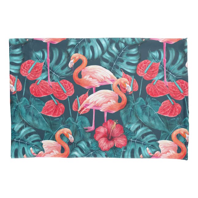 Housse D'oreillers Flamant rose et aquarelle du jardin tropical (devant)