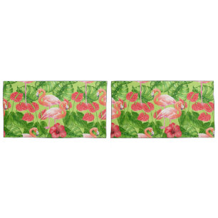 Housse D'oreillers Flamant rose et plantes tropicaux