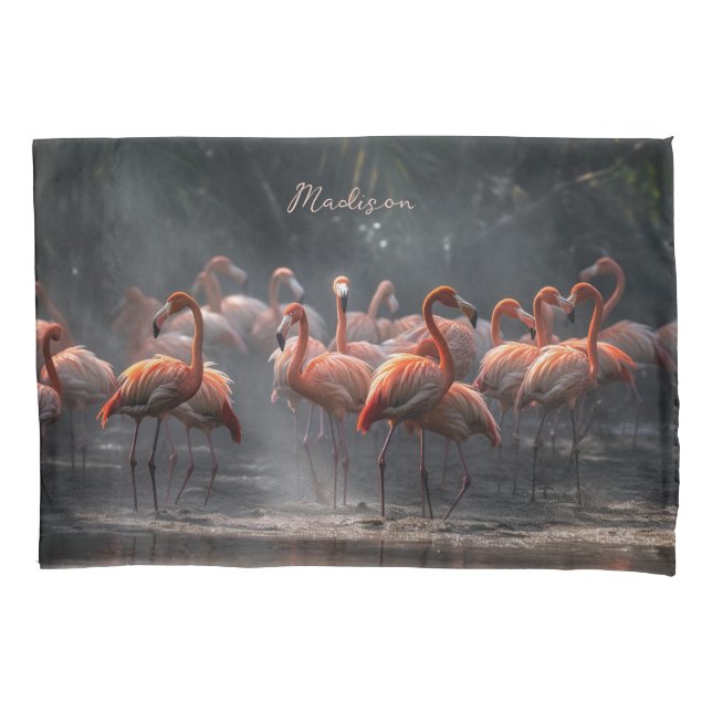 Housse D'oreillers Flamants roses tropicaux nom personnalisé (devant)