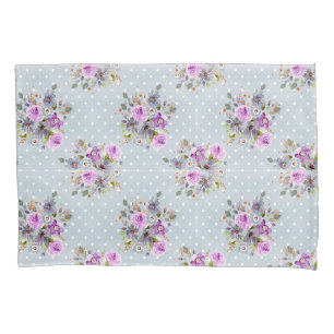 Housse D'oreillers Fleur aquarelle violette à pois bleus et blancs