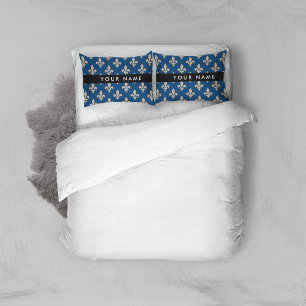 Housse D'oreillers Fleur de Lis, Beige sur Bleu Nuit, Royal, Votre No