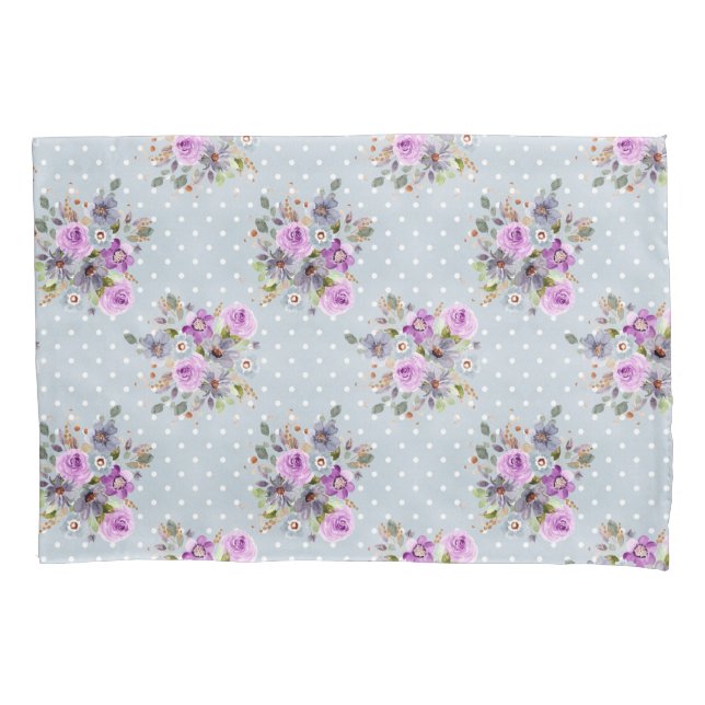 Housse D'oreillers Fleur pourpre aquarelle points bleus et blancs (devant-gauche)