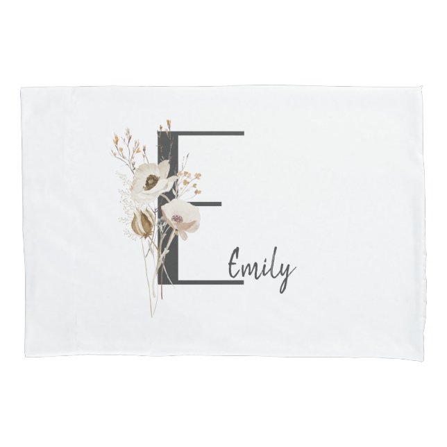 Housse D'oreillers Fleur sauvage noire et blanche initiale personnali (devant)