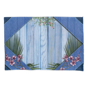 Housse D'oreillers Fleurs d'arty roses sur la texture Bleu-bois-Tissu