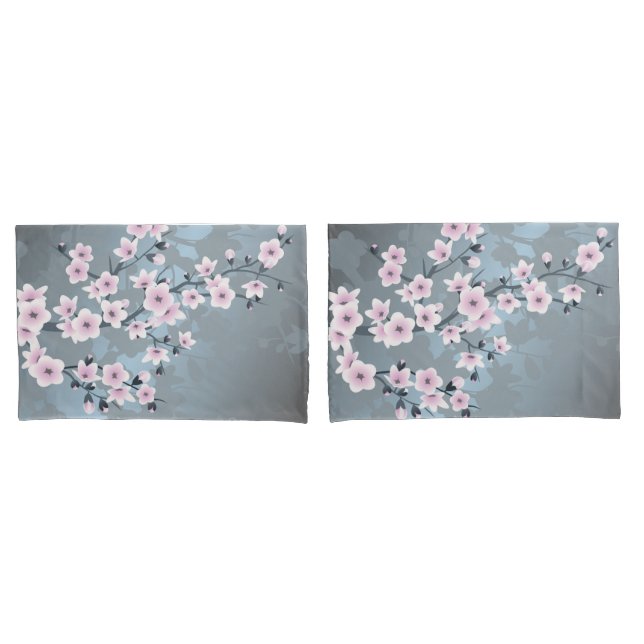 Housse D'oreillers Fleurs de cerisier bleu gris rose cendré (devant-Set)