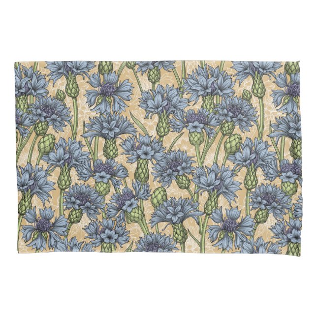 Housse D'oreillers Fleurs de maïs bleues, fleurs sauvages sur le jaun (devant-gauche)