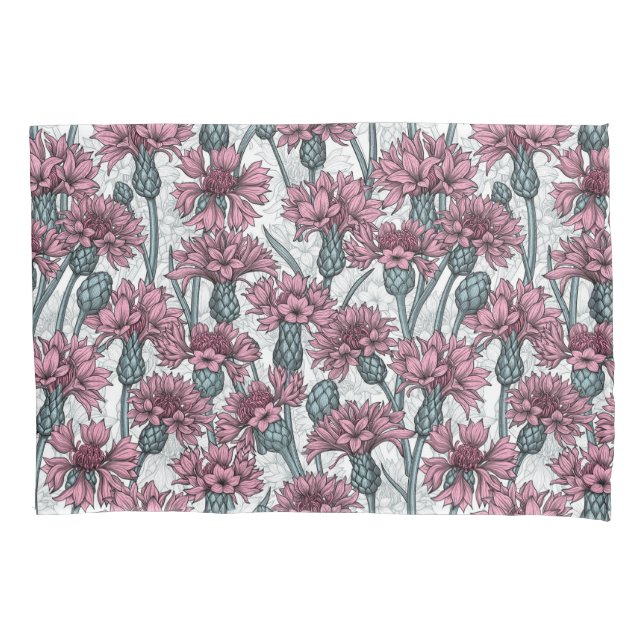 Housse D'oreillers Fleurs de maïs roses, fleurs sauvages sur blanc (devant-gauche)