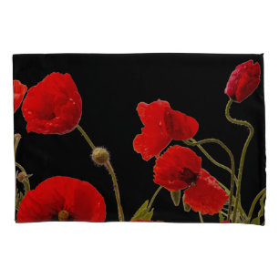 Housse D'oreillers Fleurs de pavot rouge Flore colorée Abstraite Noir