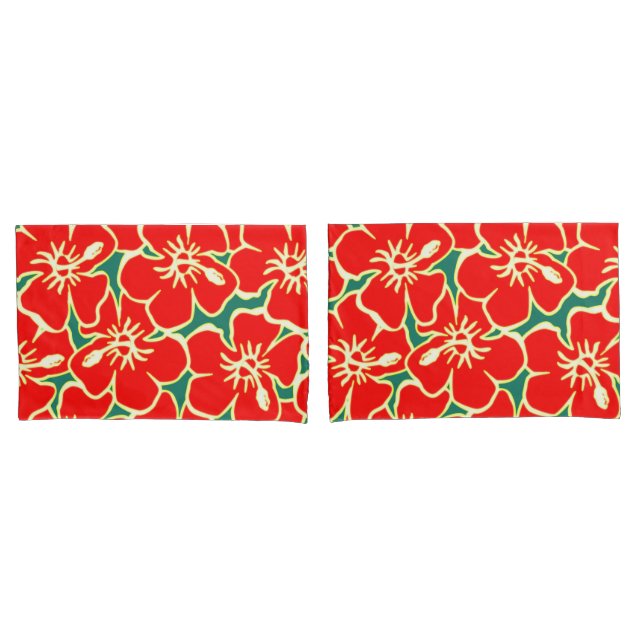Housse D'oreillers Fleurs d'hibiscus rouges Décor hawaïen tropical (devant-Set)