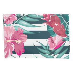 Housse D'oreillers Fleurs exotiques roses rayées