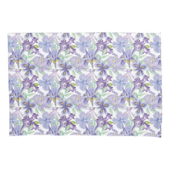 Housse D'oreillers Fleurs florales d'Iris vert pourpre Aquarelle (devant-gauche)