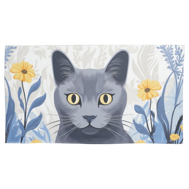Housse D'oreillers Fleurs Jaunes Chat Bleu Russe (devant)