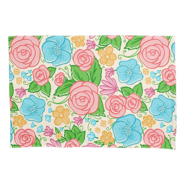 Housse D'oreillers Fleurs Pastel et Rose - Bleu Rose et Beige (devant)
