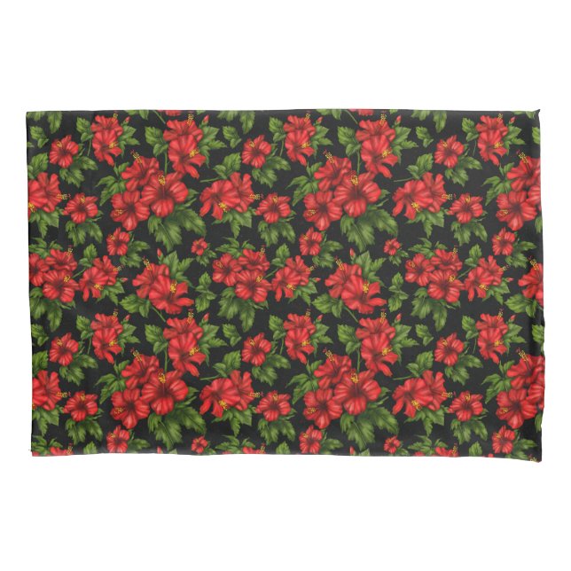 Housse D'oreillers Fleurs rouges sur l'arrière - plan noir (devant)