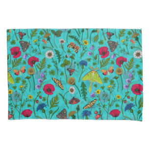 Housse D'oreillers Fleurs sauvages et papillons de nuit sur turquoise