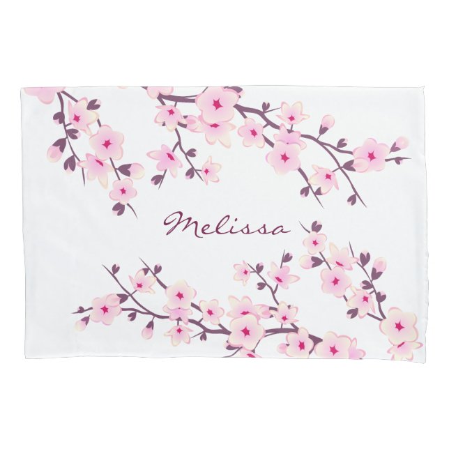 Housse D'oreillers Floral Fleurs de cerisiers rose blanc Monogramme (devant)