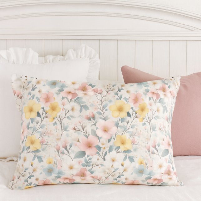 Housse D'oreillers Floral Spring Meadow Pink Yellow  (This charming pillowcase brings a touch of cottage-style elegance to your spring and summer bedroom.)